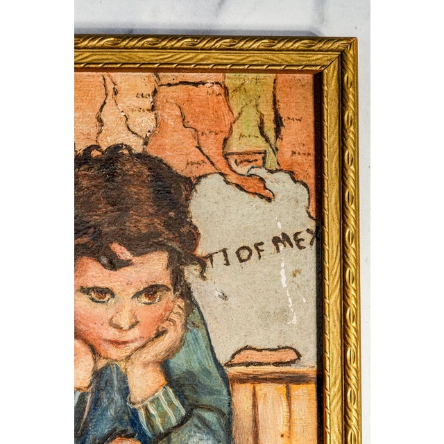 Unusual Antique Framed Oil Painting Portrait Unhappy Student Girl Classroom School For Sale - Image 9 of 11