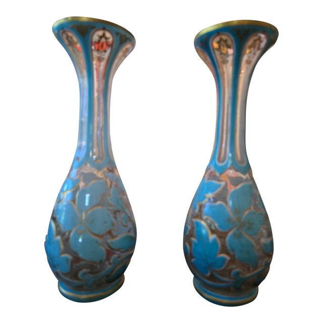 Antique Moser Bohemian Glass Overlay Vases- a Pair For Sale