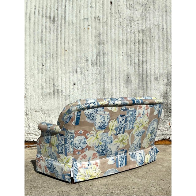 Vintage Regency Blue and White Vase Printed Loveseat For Sale - Image 9 of 11