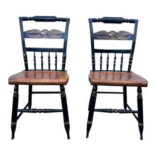 L. Hitchcock Vintage Dining Chairs Harvest Eagle Black and Gold Stenciled Side Chairs- a Pair For Sale