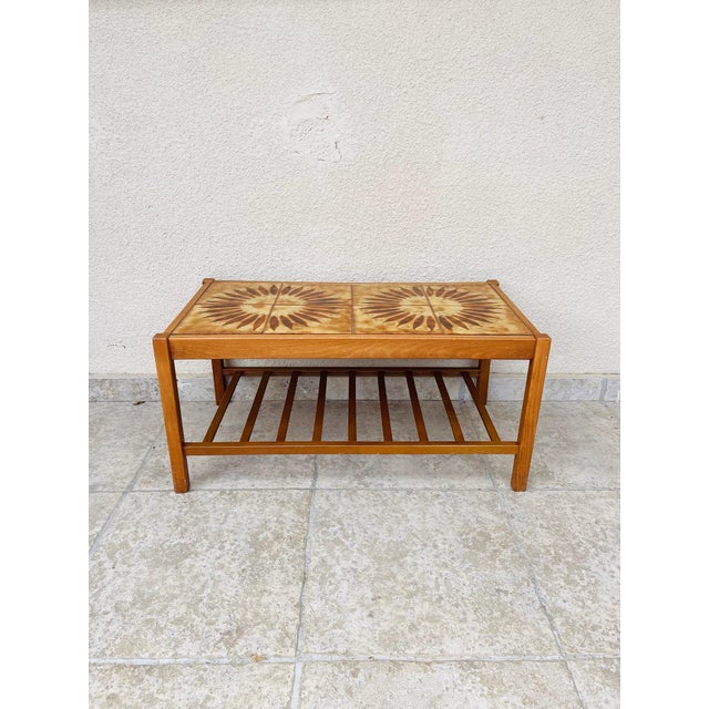 Mid-Century Modern Vintage Teak and Ceramic Coffee Table with Sun Motif, 1960 For Sale - Image 3 of 13