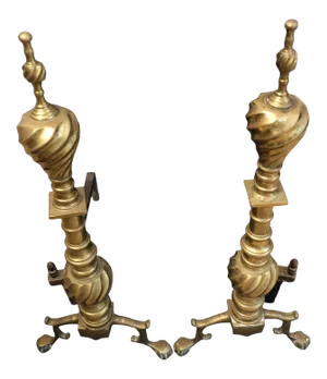 Antique Victorian Spiral Brass Andirons - a Pair
