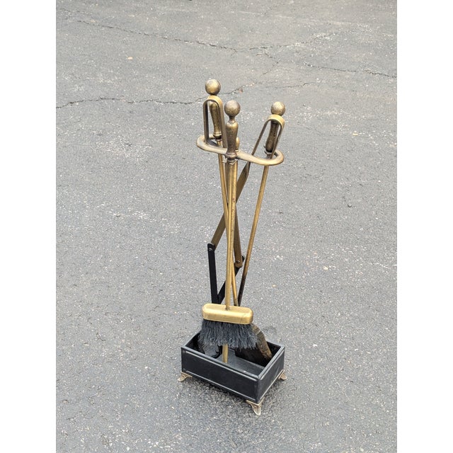 Brass Vintage 4 Piece Set Brass Fireplace Tools With Stand For Sale - Image 8 of 10