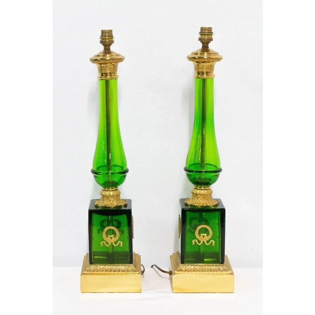 French pair of column table lamp, empire style, brass and glass circa 1960 these can be rewired to usa and eu or uk...