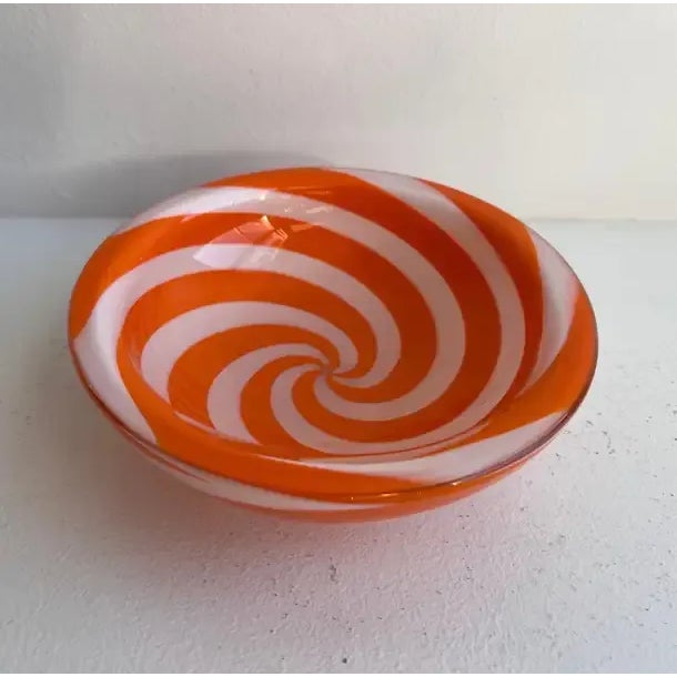 Vintage Murano Glass Dish with Tangerine Optic Swirls In the style of Fratelli Toso "this dish will add some fun to any...