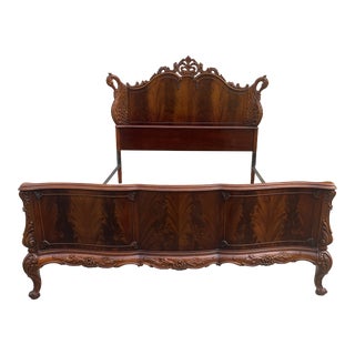 1930s French Style Swans Carved Mahogany Queen Size Bed For Sale