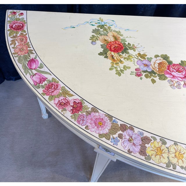 1980s 1980s Hand Painted White and Floral Demilune Table For Sale - Image 5 of 16