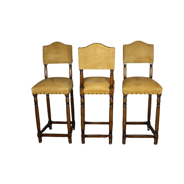 Rustic European Vintage Suede Barstools With Nail Head Detail - Set of 3 For Sale - Image 3 of 9