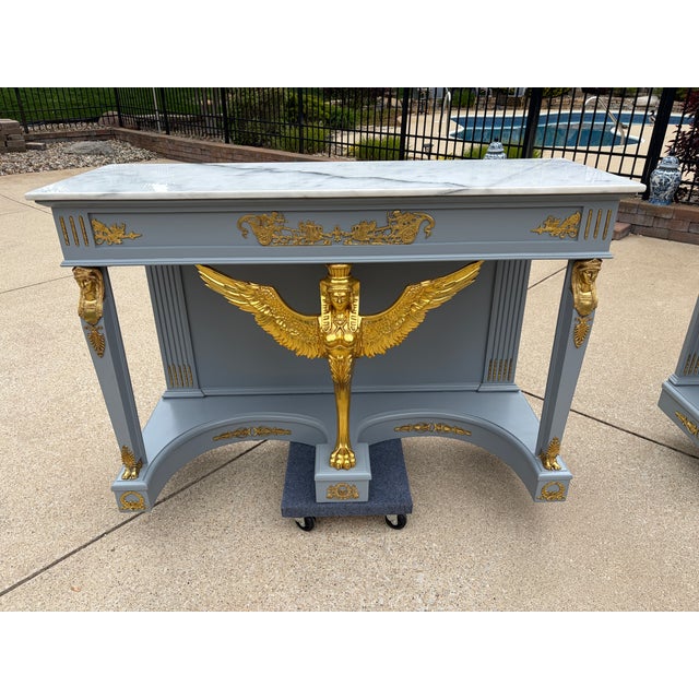 A Pair of Empire Revival Consoles With Gilded Sphinxes and Marble Tops For Sale - Image 10 of 17
