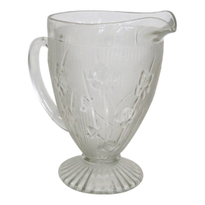 Early 20th Century Jeannette Iris and Herringbone Footed Pitcher Clear Glass Embossed Design