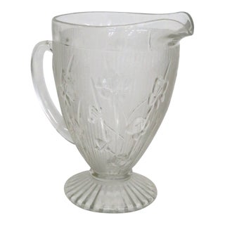 Jeannette Iris and Herringbone Footed Pitcher Clear Glass Embossed Design 4863b For Sale