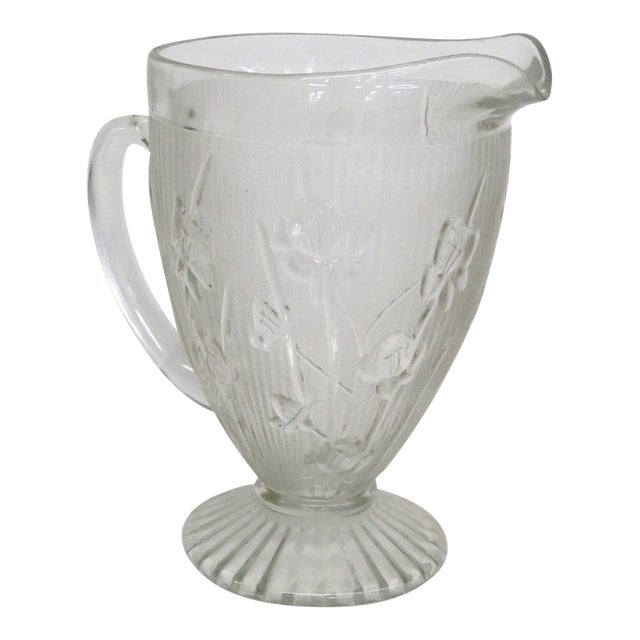 Jeannette Iris and Herringbone Footed Pitcher Clear Glass Embossed Design 4863b For Sale