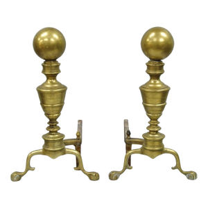 Antique English Victorian Brass Cannonball Ball and Claw Fireplace Andirons Pair