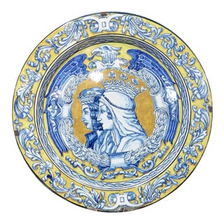 Antique Spanish Glazed Plate Featuring Ferdinand and Isabella From Seville For Sale