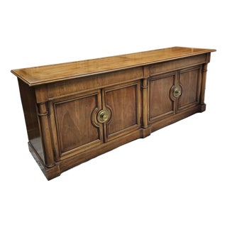 Mid 20th Century Furniture Regency Revival Low Four-Door Credenza With Figured Wood Veneer and Brass Pulls For Sale