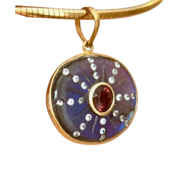 Modern Sol Pendant, Labradorite With Brown Tourmaline, Diamonds & 14k Gold For Sale - Image 3 of 11