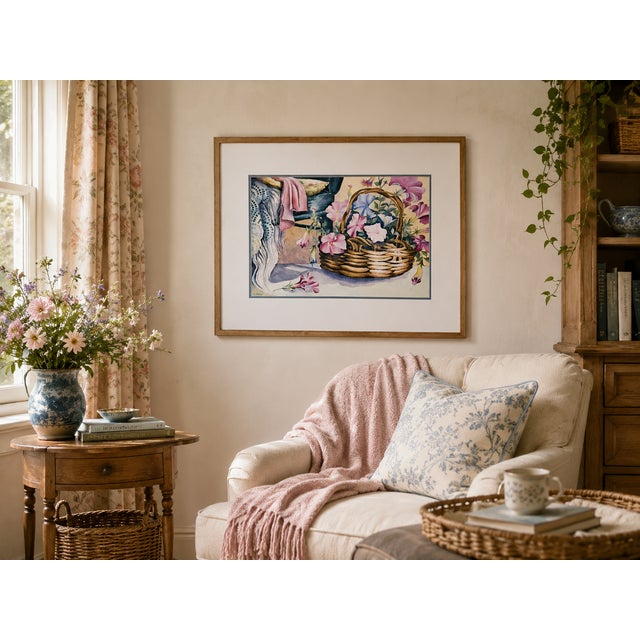 Still Life of Basket of Flowers and Arm Chair - Tomoko Parry, C. 1990s For Sale - Image 10 of 10