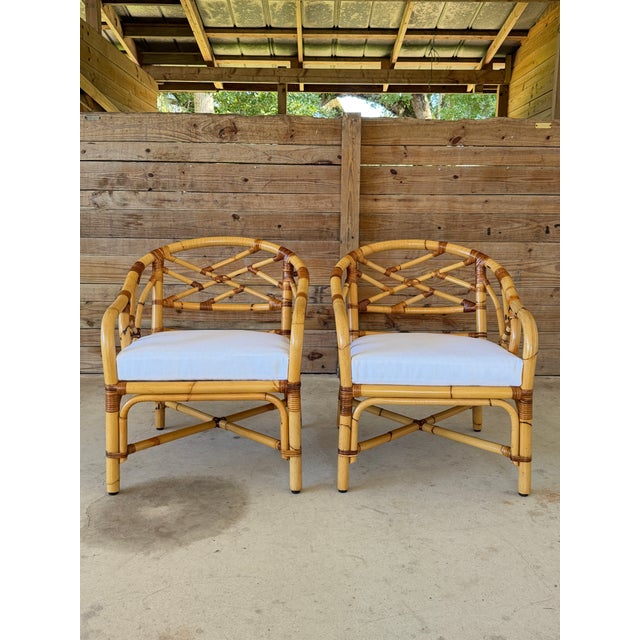 Mid-Century Rattan Barrel Lounge Chairs With New Sunbrella Cushions-Pair For Sale - Image 11 of 12