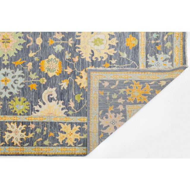 Modern Modern Hand-Knotted Oushak Style Wool Rug in Slate Blue, Ochre & Pastel Accents For Sale - Image 3 of 11