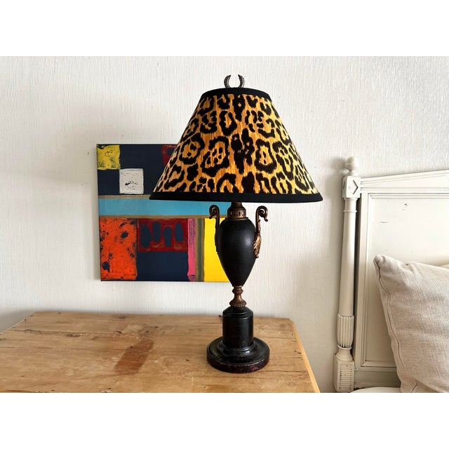 Vintage Black Metal Urn Lamp With Leopard Print Shade For Sale - Image 11 of 12
