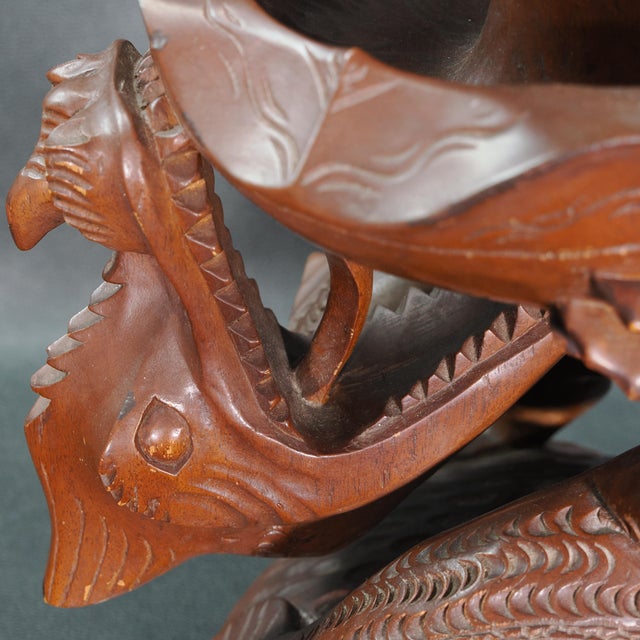 Large Vintage Hand Carved Solid Wood Dragon and Lotus Sculpture For Sale - Image 10 of 11