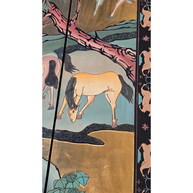Gold Signed Ten Horses Vintage Chinese Four Panel Screen Gold & Turquoise Shi Jun Tu For Sale - Image 8 of 15