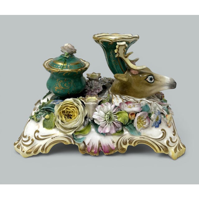 Antique English Coalbrookdale Flower Encrusted Porcelain Inkwell Centerpiece 1820 For Sale - Image 6 of 7