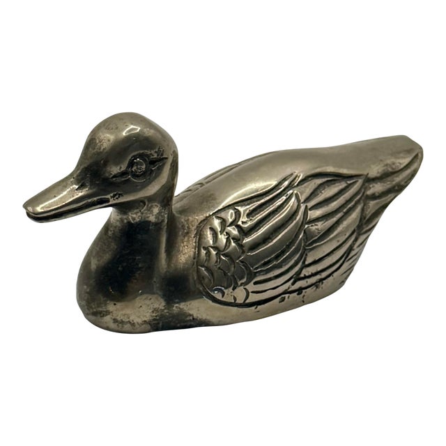 Vintage Silver-Tone Duck Figurine – Miniature Metal Waterfowl Sculpture Decor For Sale