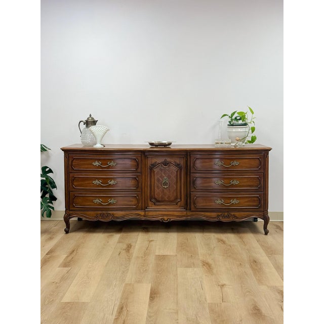 Brown Ornate Thomasville French Provincial 9 Drawer Dresser With Metal Pulls Vintage For Sale - Image 8 of 12