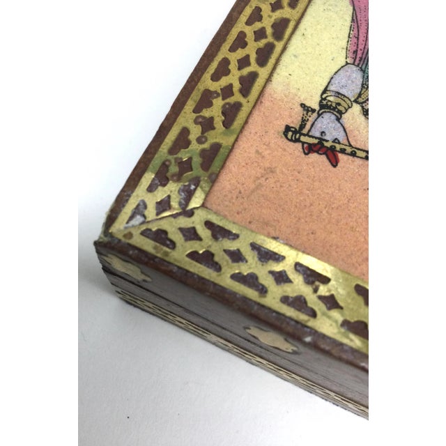 Vintage Inlaid Brass Over Wood Trinket Box Glass Painted Hinged Lid For Sale - Image 11 of 13