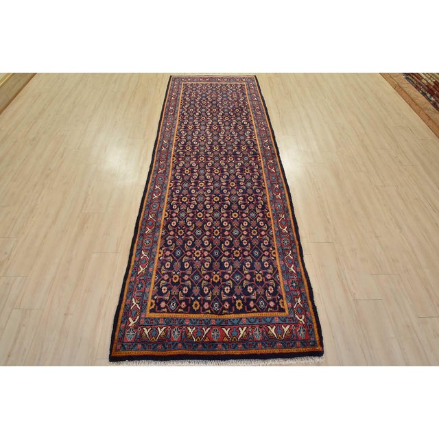 Tribal Mahal Runner 3’10” X 10’4” Blue Wool Vintage Tribal Hand-Knotted Oriental Rug For Sale - Image 3 of 14