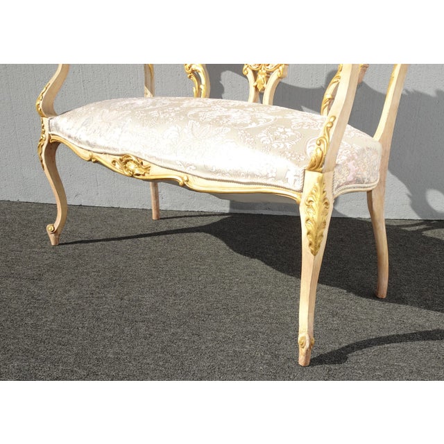 Vintage French Louis XVI Ornate Pastel Pink and Gold Two Seater Settee For Sale - Image 10 of 12