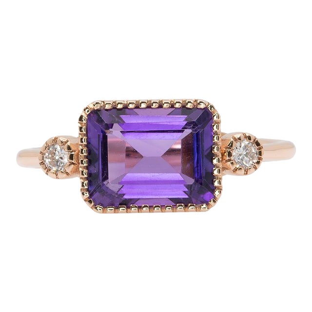 2.4Ct Amethyst Ring With Earth Mined Diamonds Accents: Solid 14k Gold, Size 6.75 For Sale