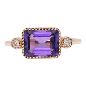 2.4Ct Amethyst Ring With Earth Mined Diamonds Accents: Solid 14k Gold, Size 6.75