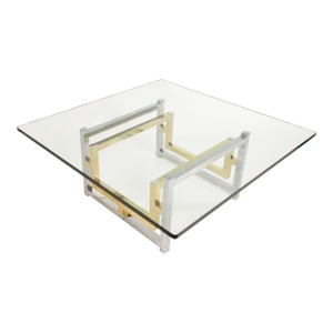 1970s Vintage Pierre Cardin Style Two Toned Polished Brass and Chrome Square Glass Coffee Table