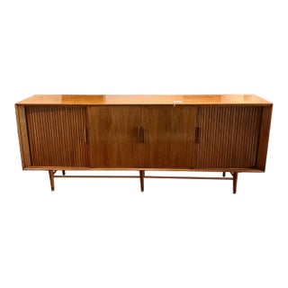 Vintage Mid-Century Modern Walnut Credenza With Tambour Doors For Sale