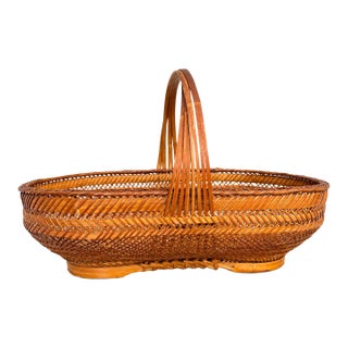 Vintage Hunan Products Handwoven Bamboo Basket With Handle, Made in China, Original Label For Sale