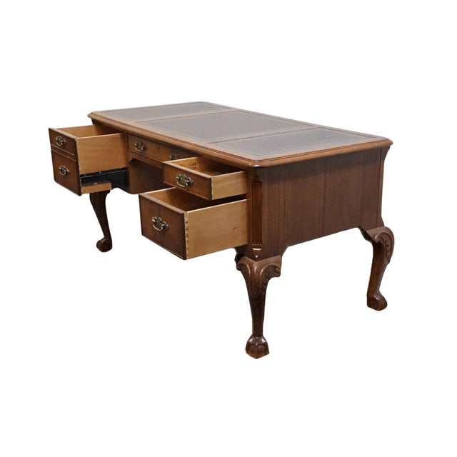 Hekman Furniture Solid Walnut Traditional Chippendale Style 58" Writing Desk W. Tooled Leather Top For Sale In Kansas City - Image 6 of 13