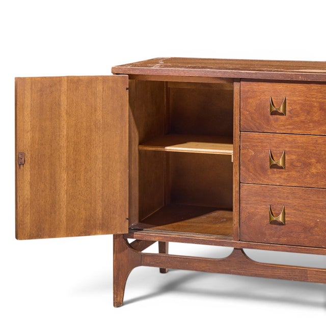 Brown Broyhill Brasilia Mid Century Walnut and Brass Credenza and Hutch For Sale - Image 8 of 11