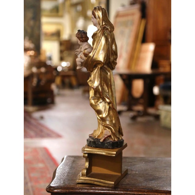 Gold 18th Century French Carved Giltwood & Polychrome "Mother and Child" With Base For Sale - Image 8 of 13