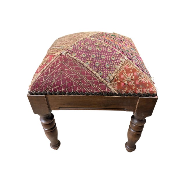 Indian Vintage Stool/Footstool Upholstered W/Kutchi Indian Banjara Fabric W/ Mirrors 16" H For Sale - Image 3 of 8