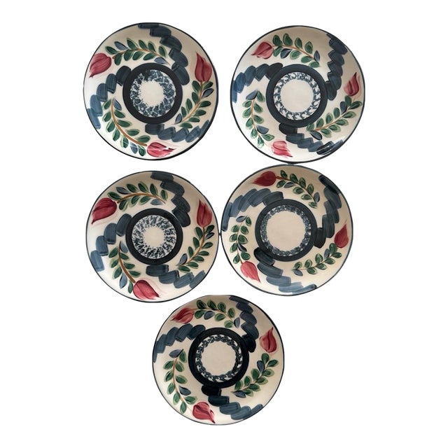 Set of 5 Hand Painted Studio Pottery Plates Signed P Silkotch 1993 Mississippi Folk Art 7 7/8 Inch Salad Plates For Sale