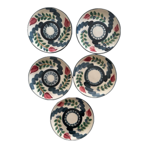 Set of 5 Hand Painted Studio Pottery Plates Signed P Silkotch 1993 Mississippi Folk Art 7 7/8 Inch Salad Plates
