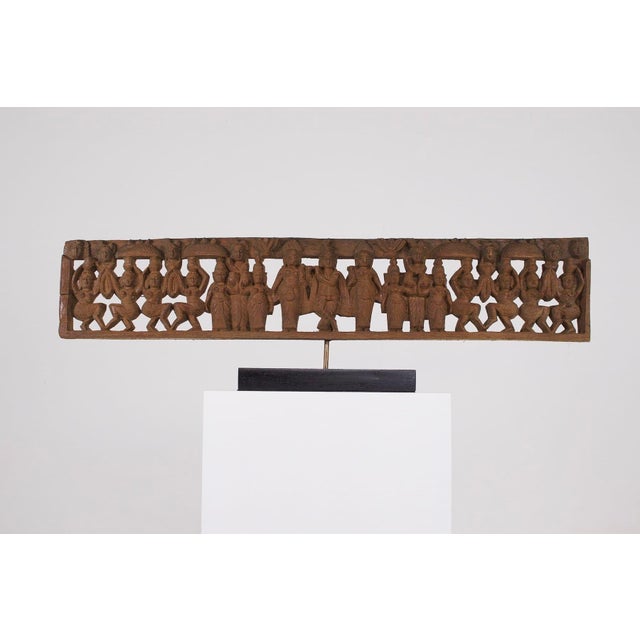 South india, openwork carved wooden panel depicting figures in a narrative scene inspired by hindu iconography. Tamil nadu...