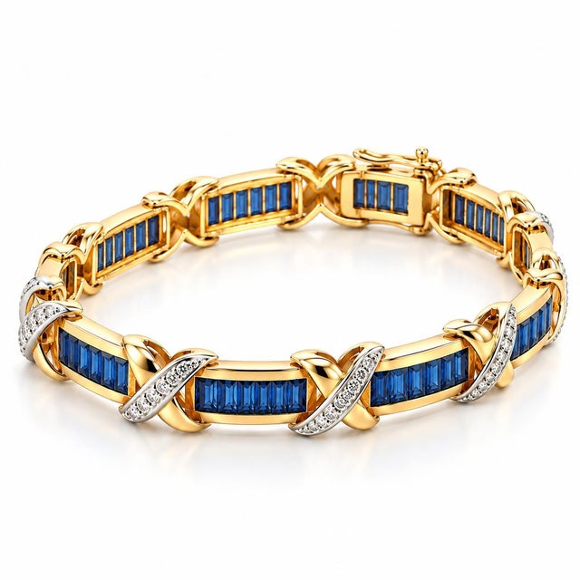 Contemporary Mid 20th Century 14k Yellow Gold Blue Sapphire & Diamond X-Link Tennis Bracelet For Sale - Image 3 of 6