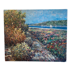 Impressionist Original Colorful Floral Landscape Oil Painting With Sailboats on a River Signed 1976
