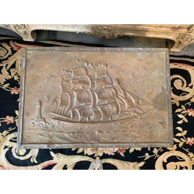 Rustic Antique Brass Clad Wood Box Sailing Ships For Sale - Image 3 of 12