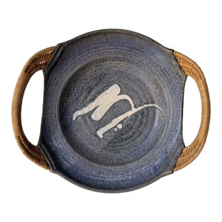 1980’s Jensen Art Studio Stoneware Wall Plate / Bowl With Woven Wicker Handles For Sale