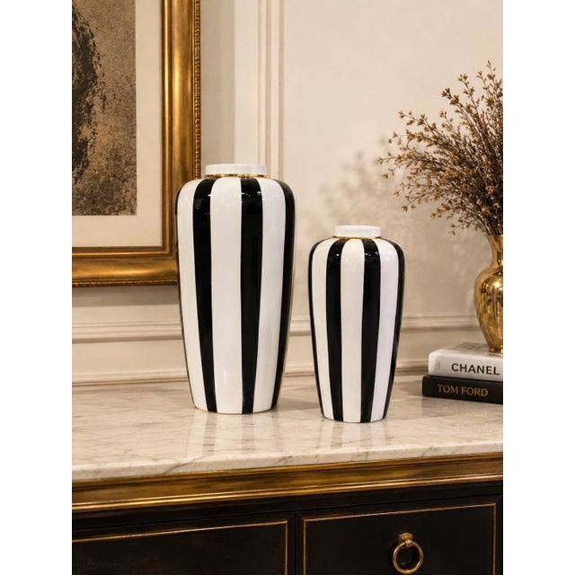 Hollywood Regency Pair of Hollywood Regency Style Black & White Striped Ceramic Vases For Sale - Image 3 of 5