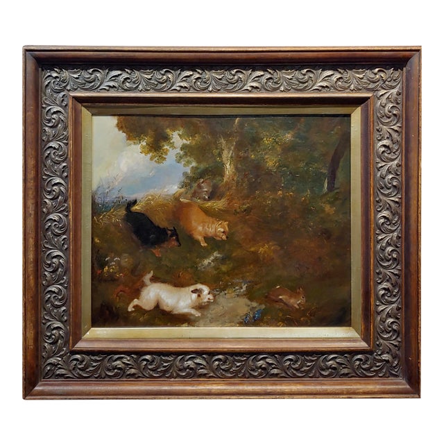 Four Terriers Chasing a Rabbit in the Wild -19th Century Oil Painting For Sale